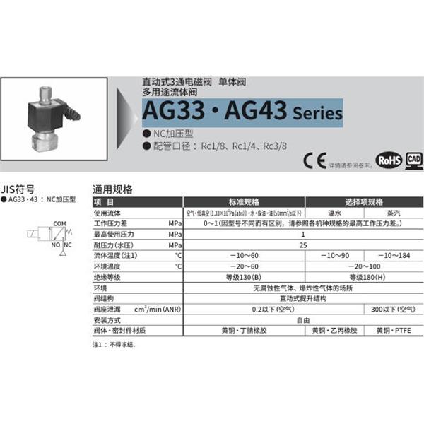 CKD喜開理多種流體直動式2通電磁集成閥AG33-02-2-AC200V