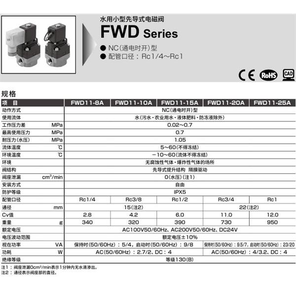 CKD喜開(kāi)理水用小型先導(dǎo)式電磁閥FWD11-15G-E2HSB-DC24V