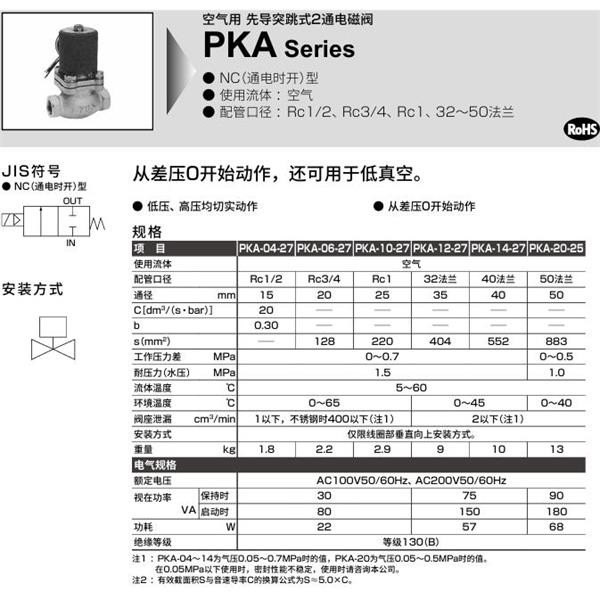 CKD喜開(kāi)理空氣用先導(dǎo)突跳式2通電磁閥PKA-20-27-C-3M-AC100V