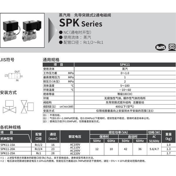 CKD喜開理蒸汽用先導(dǎo)突跳式2通電磁閥SPK11-15N-K4A-AC100V