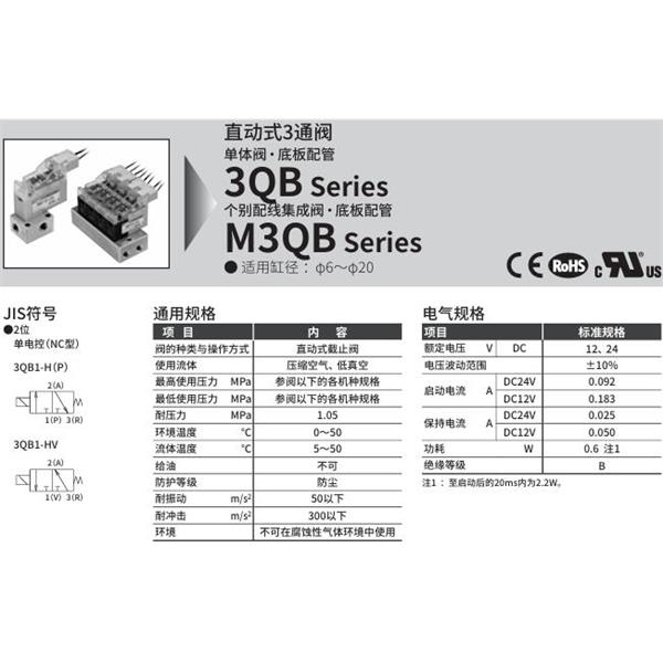 CKD喜開理直動式3通電磁閥3QB110-M5-C3H-3