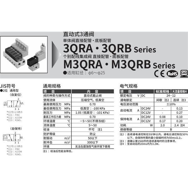 CKD喜開理直動式3通電磁閥M3QRB110-M5-C2-2-3