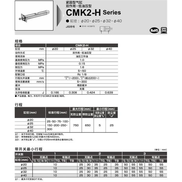 CKD喜開理緊固型氣缸CMK2-H-00-40-100-T0H-R-JI