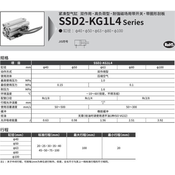 CKD喜開(kāi)理緊湊型氣缸SSD2-KG1L4-63-40-V0-D-N-LB-I