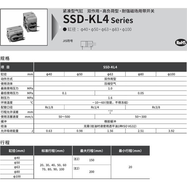 CKD喜開理超級緊湊型氣缸SSD-KL4-100-40-V0-D-N-LB-I