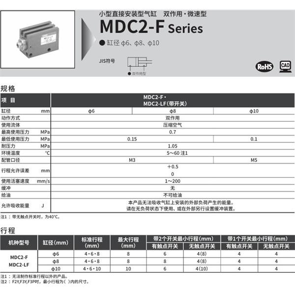 CKD喜開理小型直接安裝型氣缸MDC2-LF-8-10-F2V-R