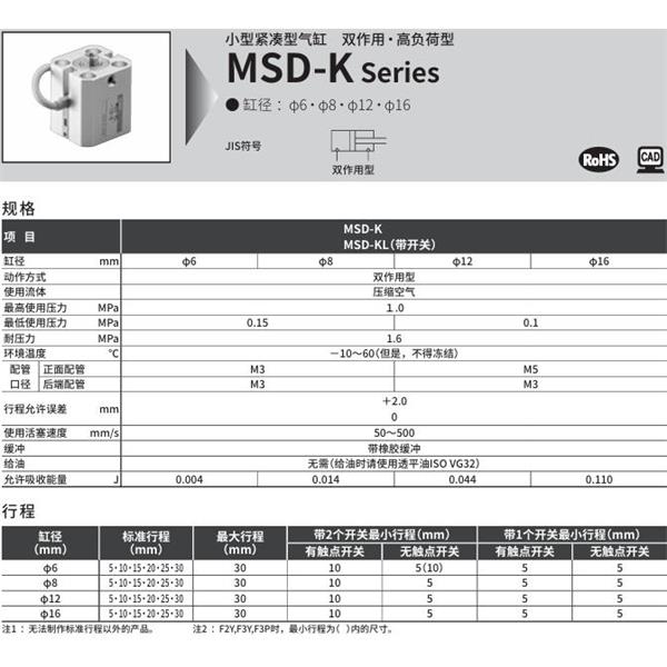 CKD喜開理小型緊湊型氣缸MSD-K-12-30-R