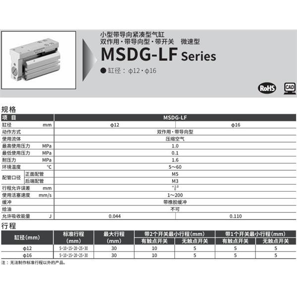 CKD喜開(kāi)理小型緊湊型氣缸MSDG-LF-12-20-F2V-R