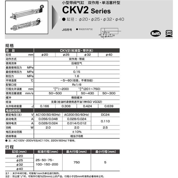 CKD喜開理小型帶閥氣缸CKV2-TA-25-25-U-1-T0H-R-JI